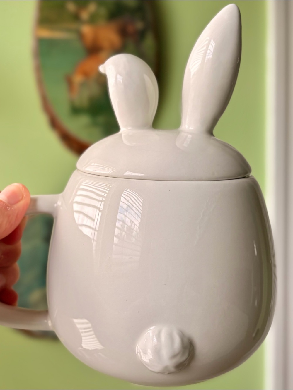 Cute Cottagecore Bunny Ceramic Mug with Lid - White and Pink - Picture 5 of 7